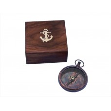 4" Antique Brass Beveled Lensatic Compass w/ Rosewood Box 
